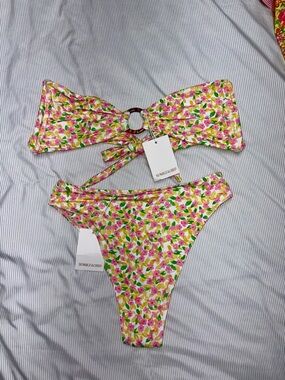 Floral Bandeau Bikini Set in Pink & Yellow